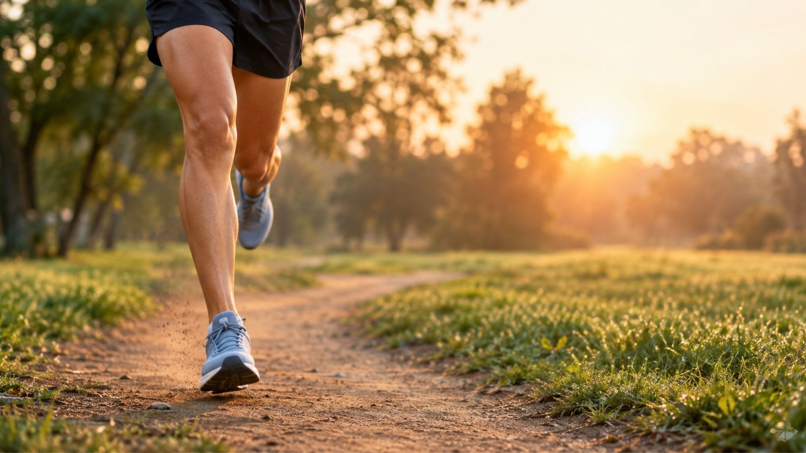 Beginner runner's legs and running shoes mid-stride on a park trail at sunrise, illustrating common beginner running injuries