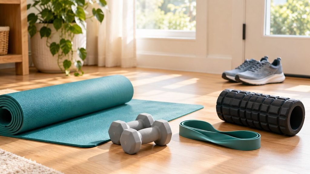 Yoga mat, hand weights, resistance band and foam roller for strength work on rest days during couch to 5K training
