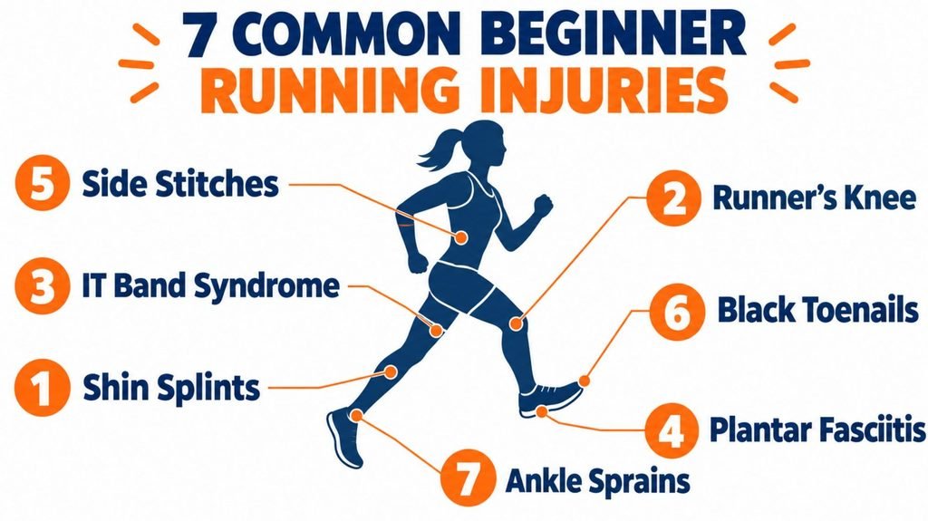 Infographic of 7 common beginner running injuries: shin splints, runner's knee, IT band syndrome, plantar fasciitis, side stitches, black toenails and ankle sprains
