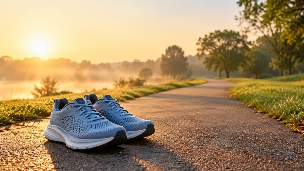 Beginner running shoes at the start of an empty park path at sunrise, ready for the couch to 5K plan
