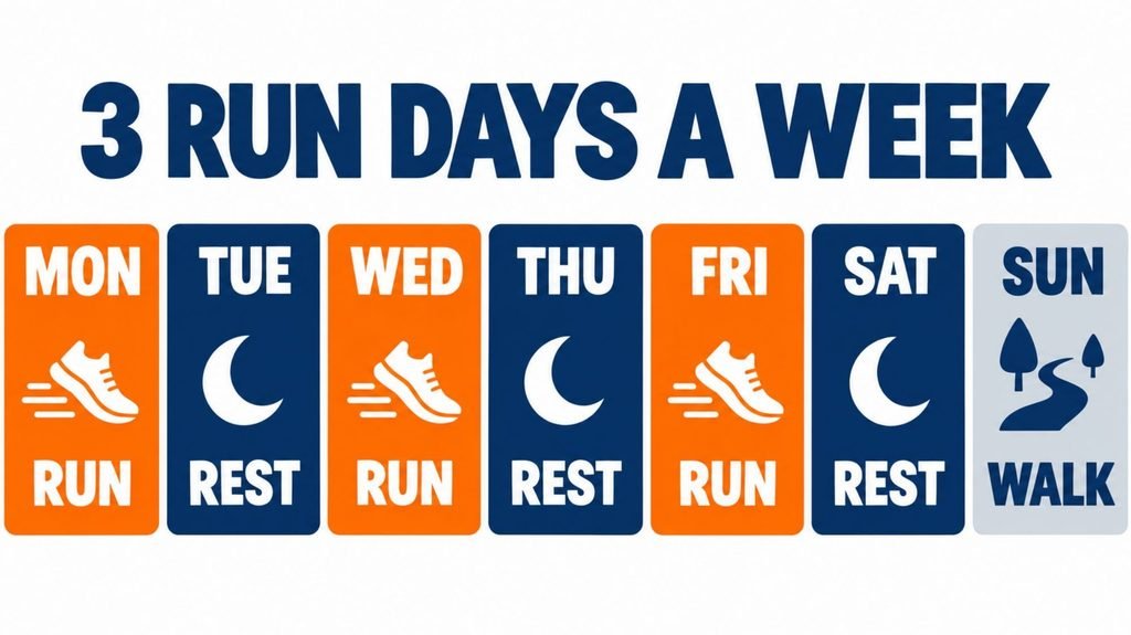 Weekly schedule infographic for beginner runners: run Monday, Wednesday and Friday with rest days in between and an optional Sunday walk
