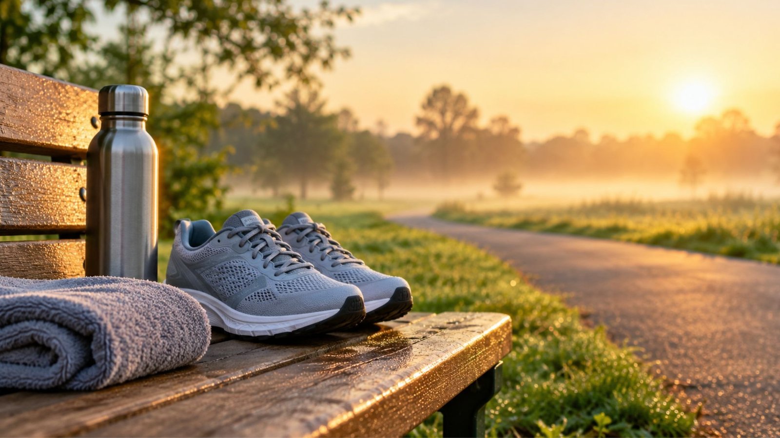Running shoes, towel and water bottle on a park bench at sunrise, representing a beginner's rest day between runs