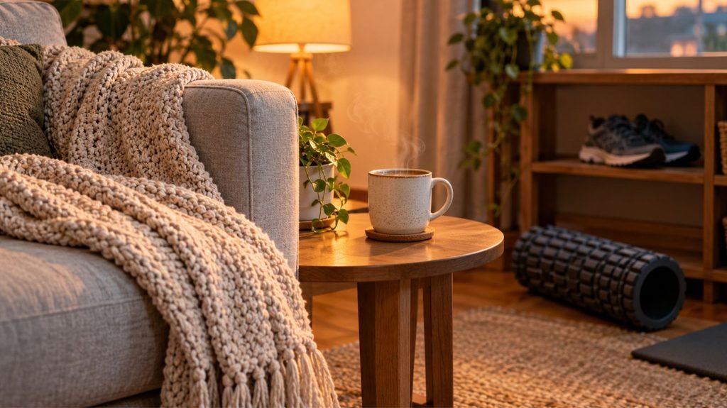 Cozy rest-day scene with a blanket, tea, foam roller and running shoes showing recovery between beginner runs