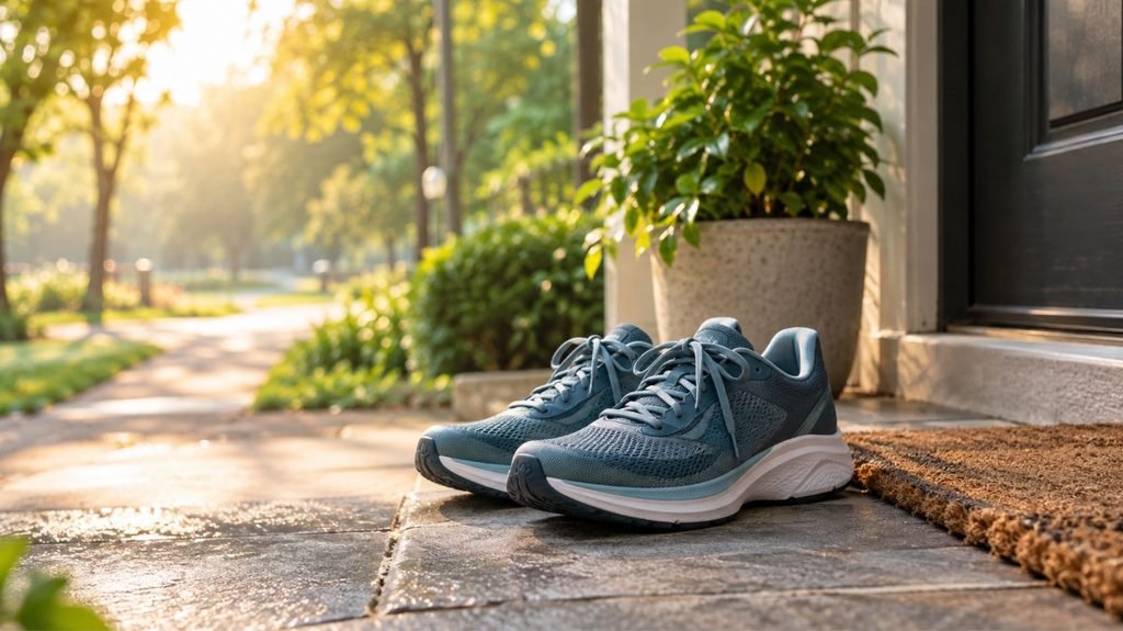 Laced running shoes on a front doorstep in early morning light, ready for a beginner's first run
