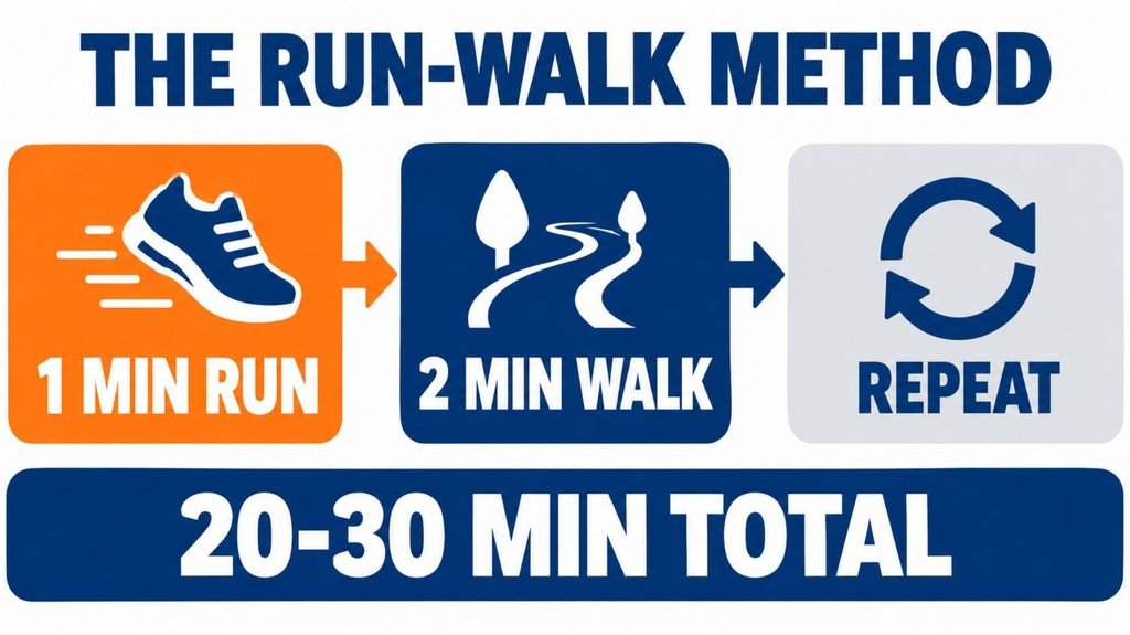Run-walk method infographic for beginner runners: 1 minute run, 2 minutes walk, repeat for 20 to 30 minutes
