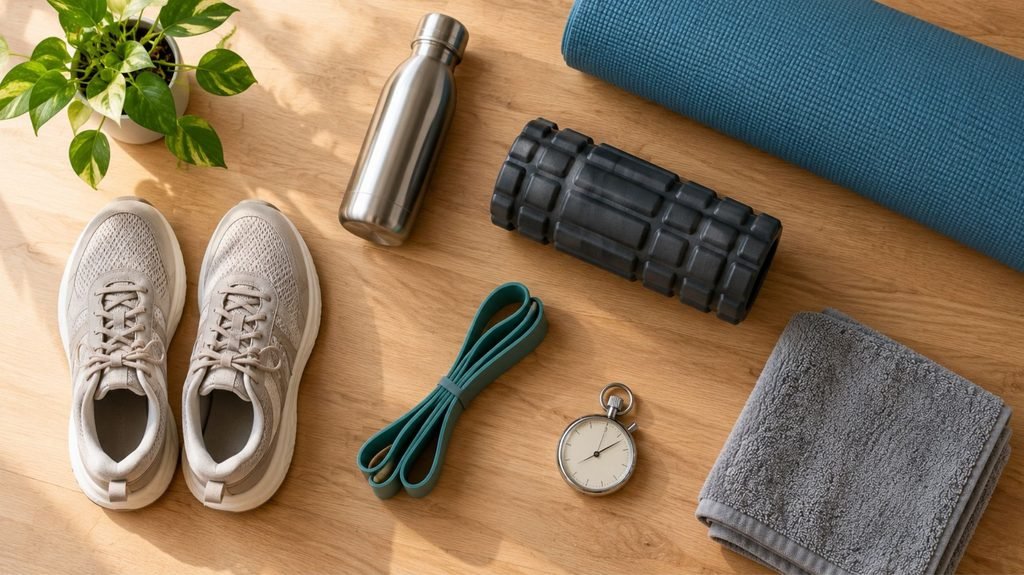 Running shoes, resistance band, foam roller and water bottle laid out on a wooden floor for running injury prevention
