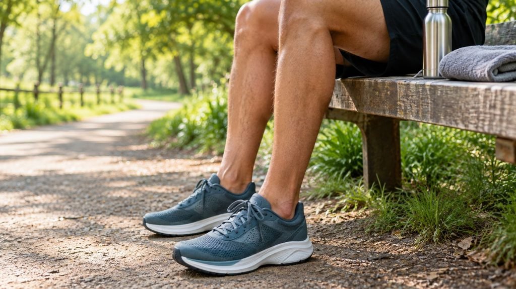 Runner resting on a park bench beside a trail, taking a break to avoid overdoing it as a beginner
