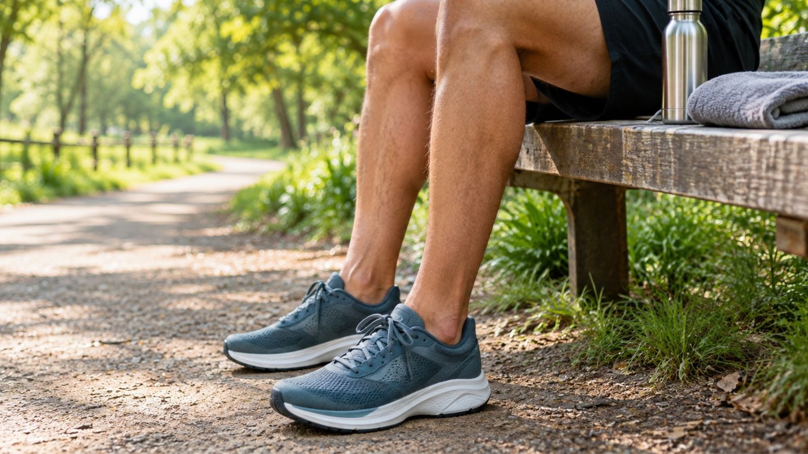 Runner resting on a park bench beside a trail, taking a break to avoid overdoing it as a beginner