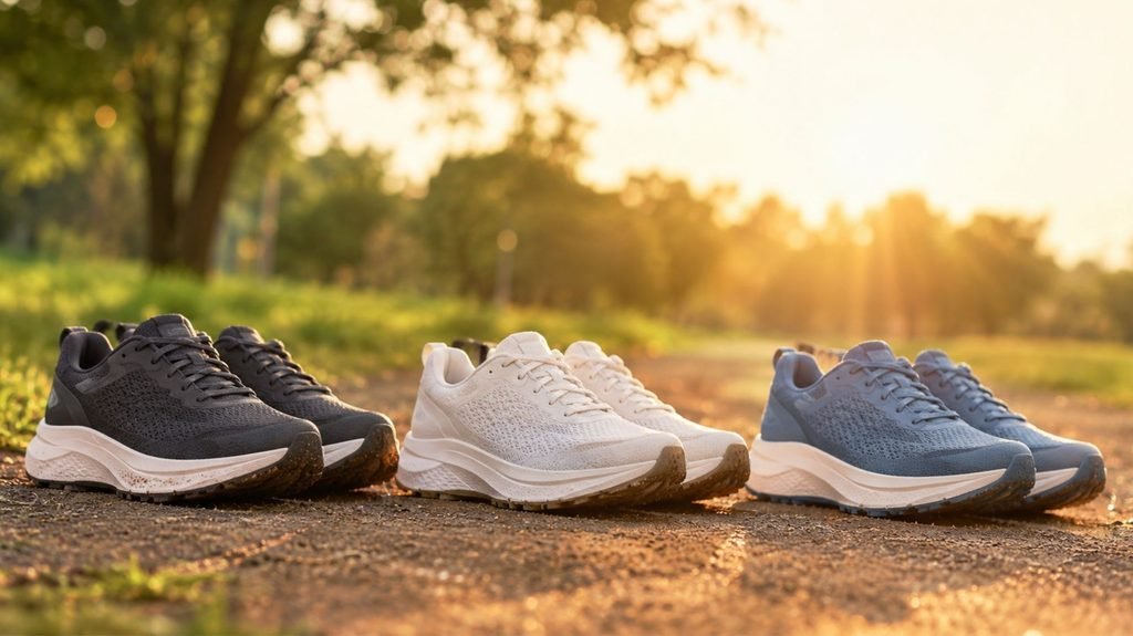 Three pairs of beginner running shoes lined up on a park running path at sunrise