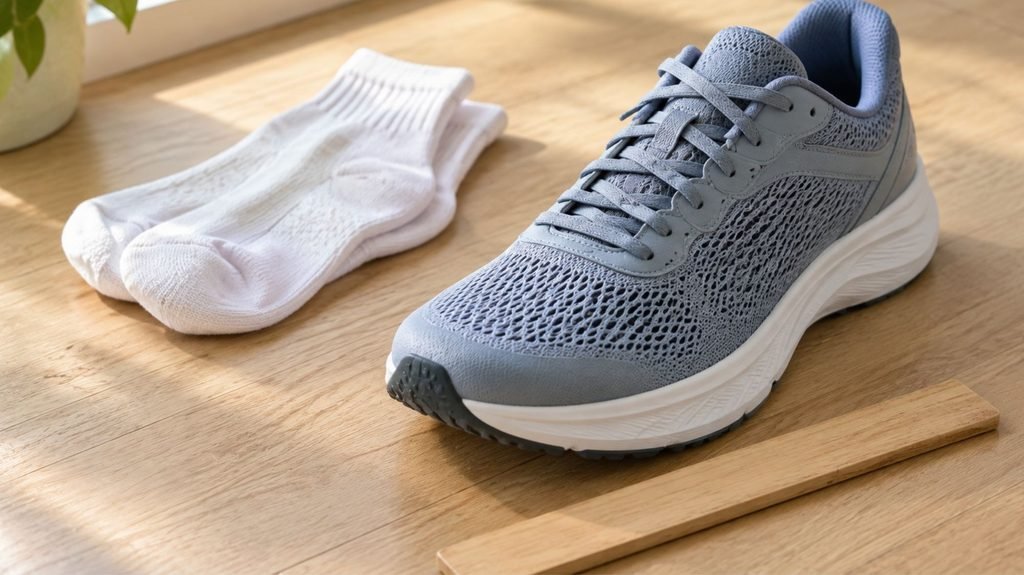 Close-up of a running shoe toe box with a ruler and socks showing the thumb's width of toe room for a proper fit