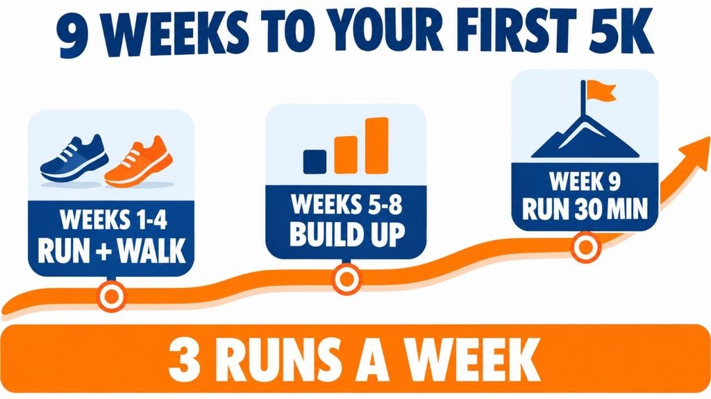 Couch to 5K infographic showing the 9-week plan: run and walk in weeks 1 to 4, build up in weeks 5 to 8, run 30 minutes in week 9, with 3 runs a week
