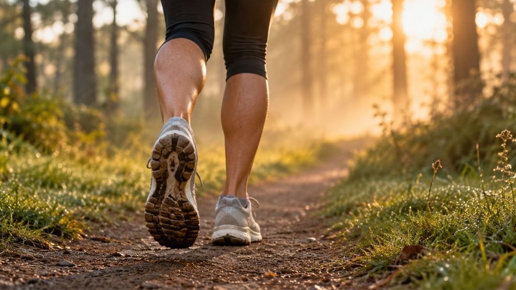 Runner's legs and shoes on a forest trail at sunrise, illustrating IT band syndrome in runners