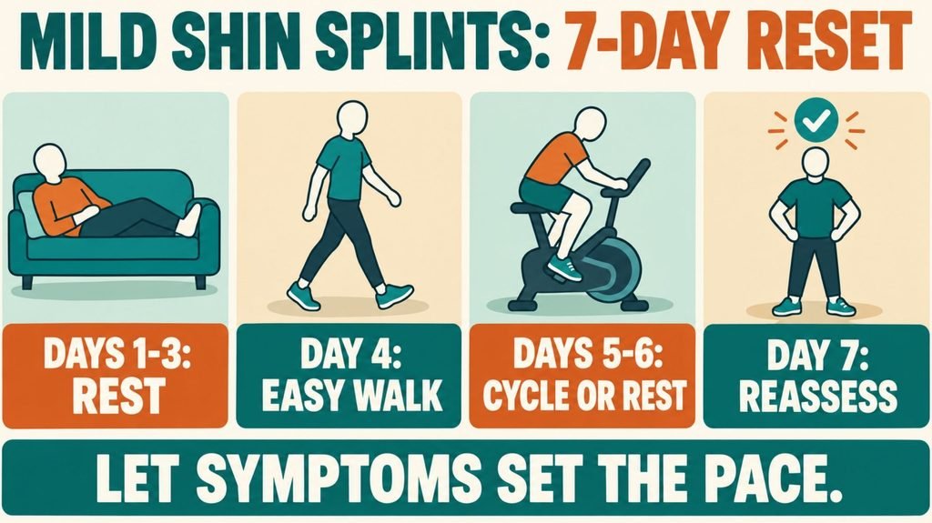 Infographic of a 7-day recovery week for mild shin splints: rest, easy walk, cycling, then reassess
