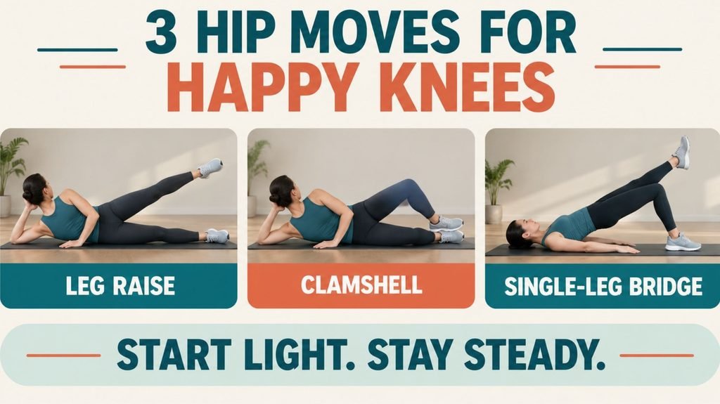 Infographic of three hip strengthening exercises for IT band syndrome: side-lying leg raise, clamshell and single-leg bridge