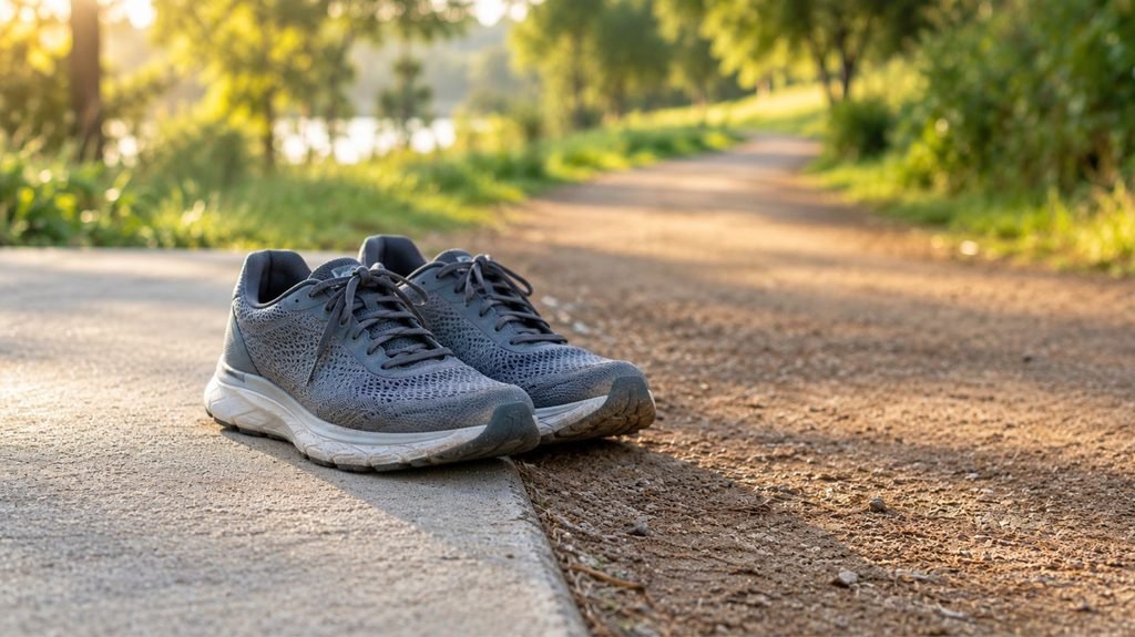 Running shoes where a concrete sidewalk meets a soft dirt trail, showing a gradual surface change to help prevent shin splints