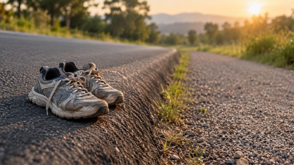 Running shoes on a banked road edge beside a flat gravel path, showing surfaces that affect IT band syndrome