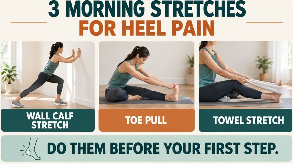 Infographic of three morning plantar fasciitis stretches: wall calf stretch, seated toe pull and towel stretch