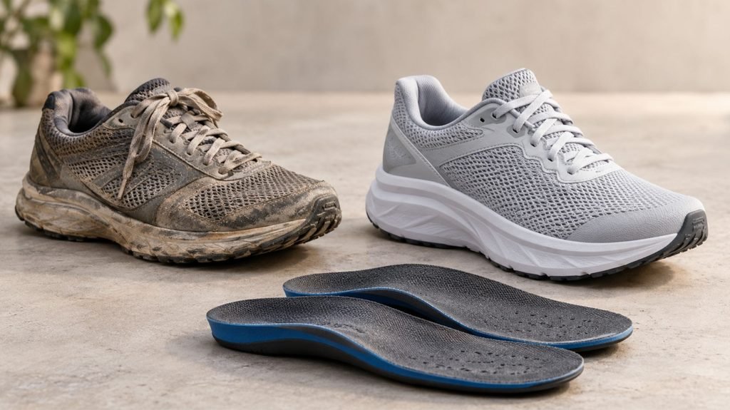 Worn-out running shoe beside a new cushioned shoe with arch insoles, showing shoe features that help plantar fasciitis