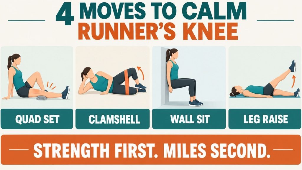  Infographic of four runner's knee exercises: quad set, clamshell, wall sit and straight leg raise