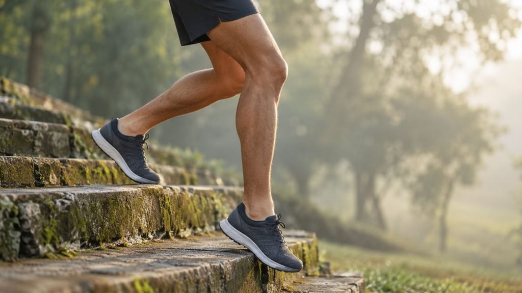 Runner's legs descending outdoor stone steps, showing the stairs movement that often aggravates runner's knee