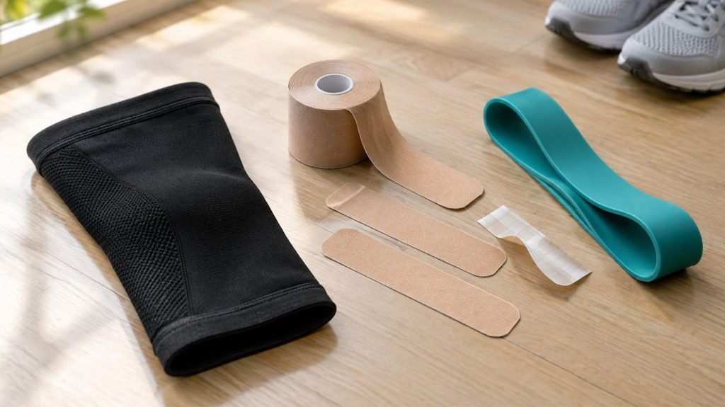 Knee compression sleeve, kinesiology tape and resistance band laid out as support options for runner's knee
