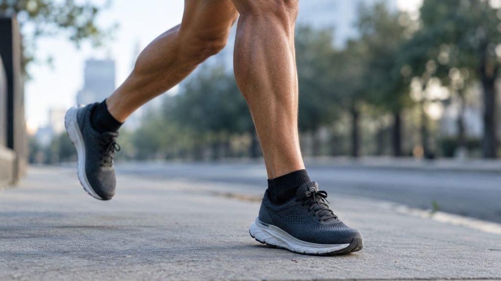 Runner's lower legs and shins striking a concrete sidewalk, illustrating shin splints from running on hard surfaces