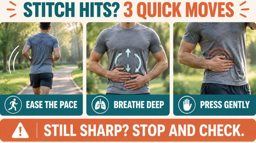 Infographic of three things to try when a side stitch hits: ease the pace, breathe deep and press gently
