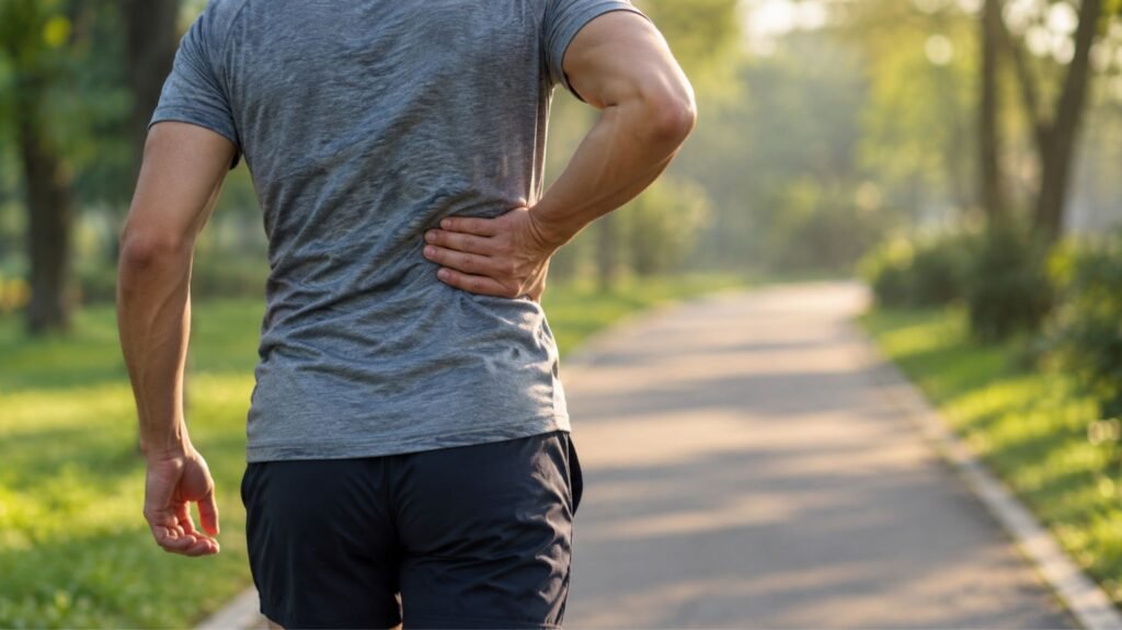 Runner from behind pressing a hand to the side of the ribs on a park path, showing a side stitch when running