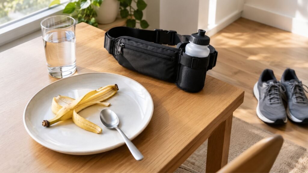 Empty breakfast plate, water glass, hydration belt and running shoes set out well before a run to help avoid a side stitch